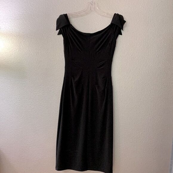 LAUREN Ralph Lauren Wide neckline bow details on shoulders ruching black dress - Picture 4 of 10